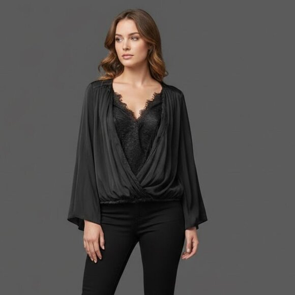 Fashion Nova Tops - Satin Elegant Black Lace Blouse